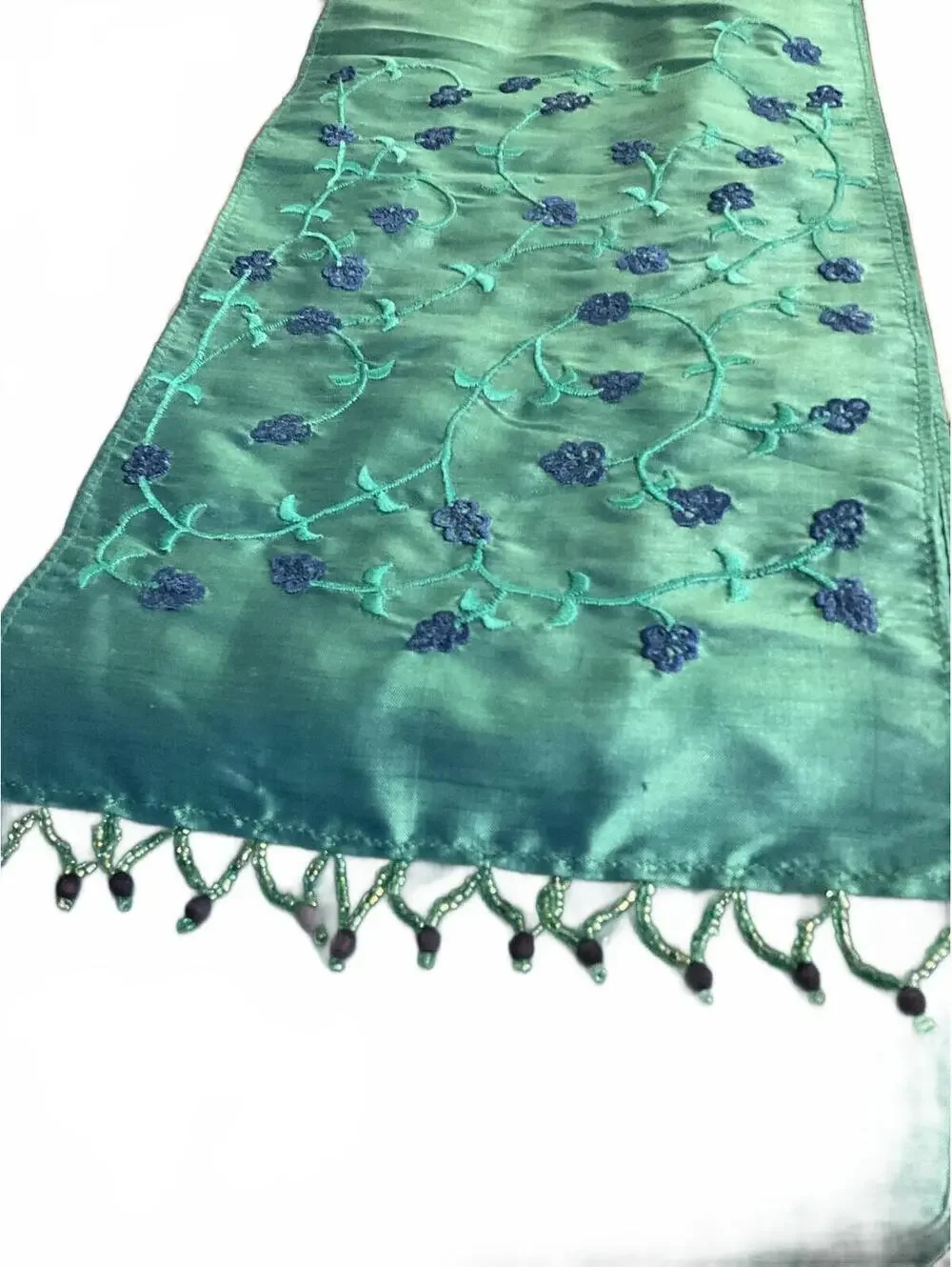 CRC Handcrafted Turquoise Embroidered Silk Scarf /Beaded Fringe